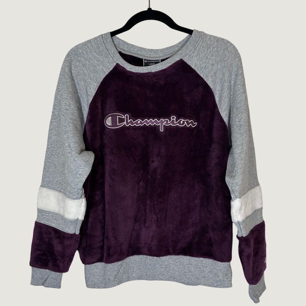 Champion Womens Large Fleece Sweatshirt Gray Purple Colorblock Streetwear Cozy